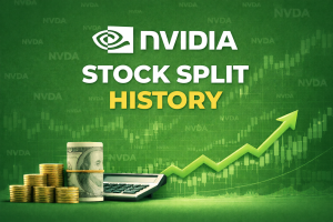 NVIDIA Stock Split History with NVDA pattern in background, showing NVIDIA logo, bold STOCK SPLIT HISTORY text, gold coins, rolled-up bill, calculator, upward green arrow, and faint candlestick chart on green background.