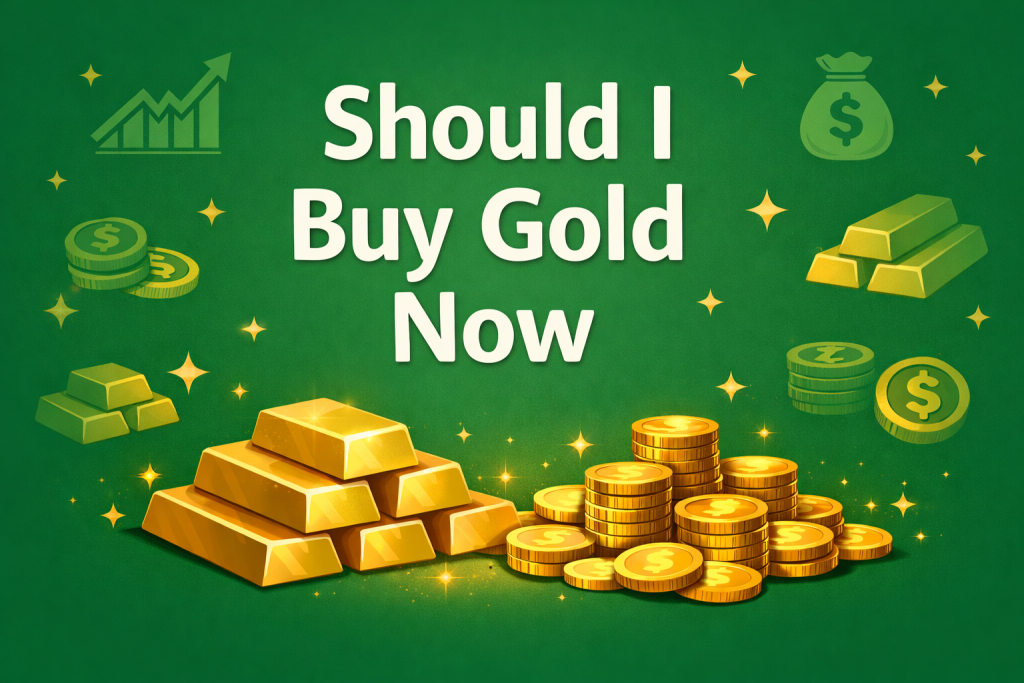 Should I Buy Gold Now – gold bars and coins on green background with financial symbols, gold investment concept 2026