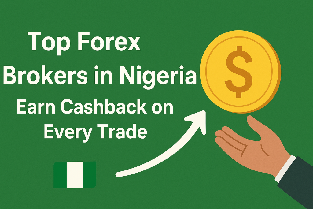 Feature image showing 'Top Forex Brokers in Nigeria – Earn Cashback on Every Trade' with a green background, a yellow dollar coin held by a hand, an upward arrow symbolizing growth, and the Nigerian flag in the background.