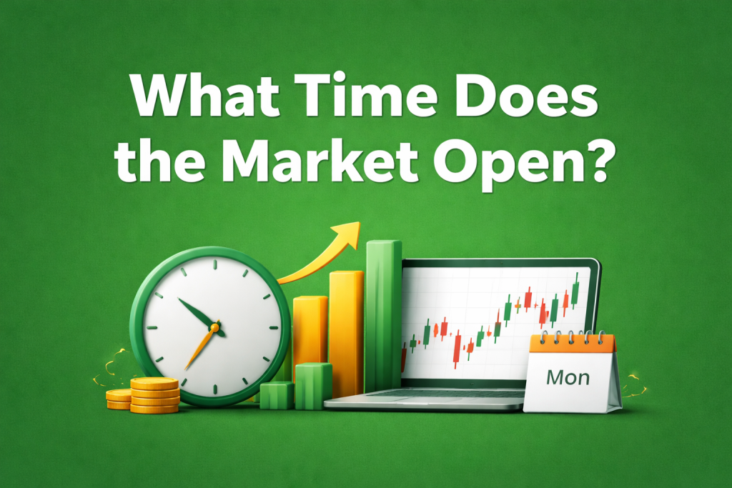 Clock and stock chart representing market opening times on a green background for the article 'What Time Does the Market Open?