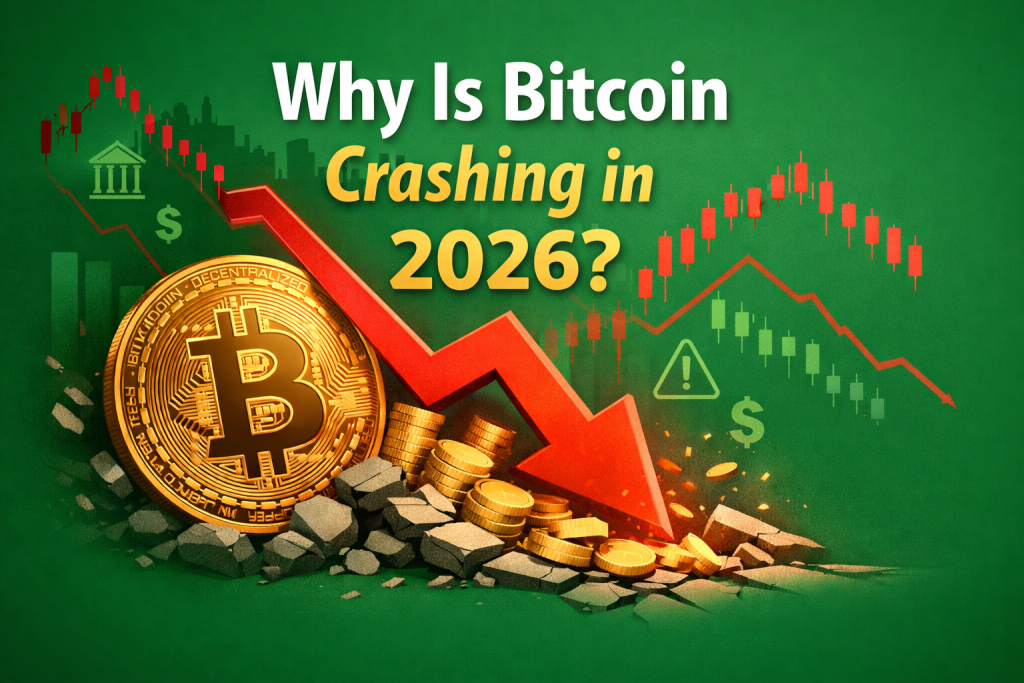 Why is Bitcoin crashing in 2026 illustration showing a red downward arrow, falling Bitcoin coin, and bearish candlestick chart on green background.