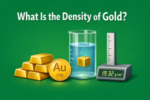 What is the density of gold illustration showing gold bars, Au 24K coin, water displacement test, and the density value 19.32 g/cm³ on a green background.