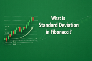 Feature image for article 'What is Standard Deviation in Fibonacci?' showing a candlestick chart with Fibonacci retracement levels, negative extension lines, and an upward arrow on a green background.